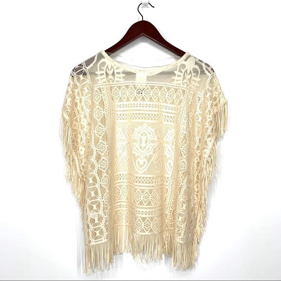 Self Esteem Y2K Crocheted Lace Boho Overlay Blouse With Fringe Warm Ivory Cream - Picture 3 of 15